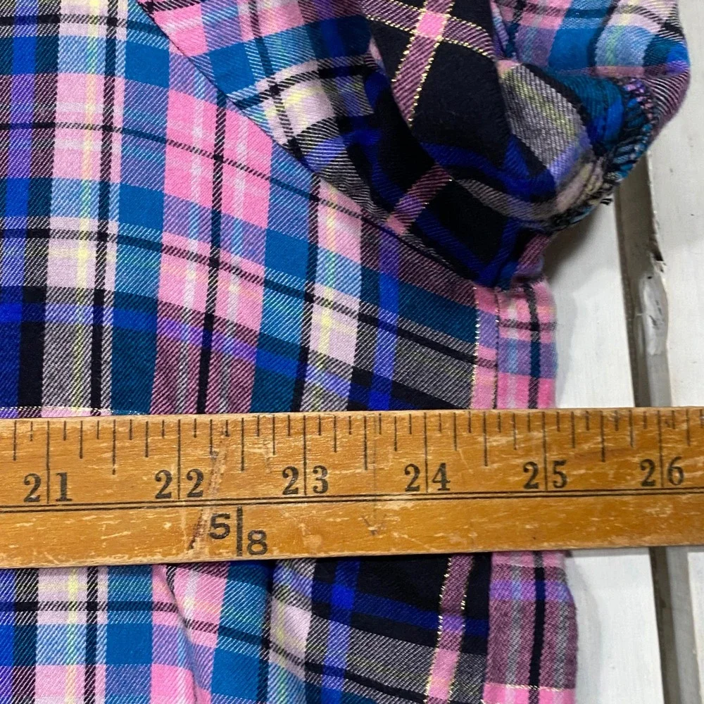 Victorias Secret Pajama Set XL Pink Blue Plaid Lurex Shimmer Shorts Shirt 2pc